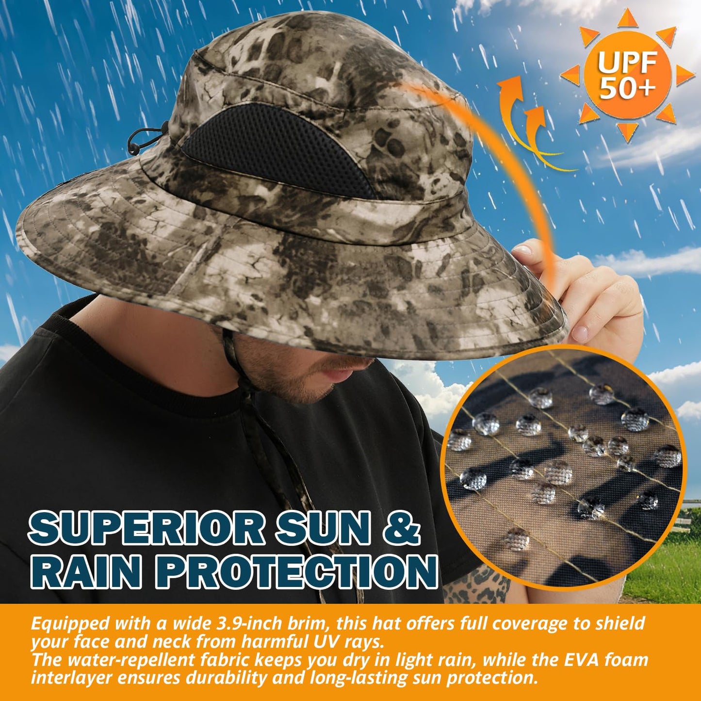 Wide-Brim Sun Hat — UPF 50+, Packable, Waterproof (EINSKEY)