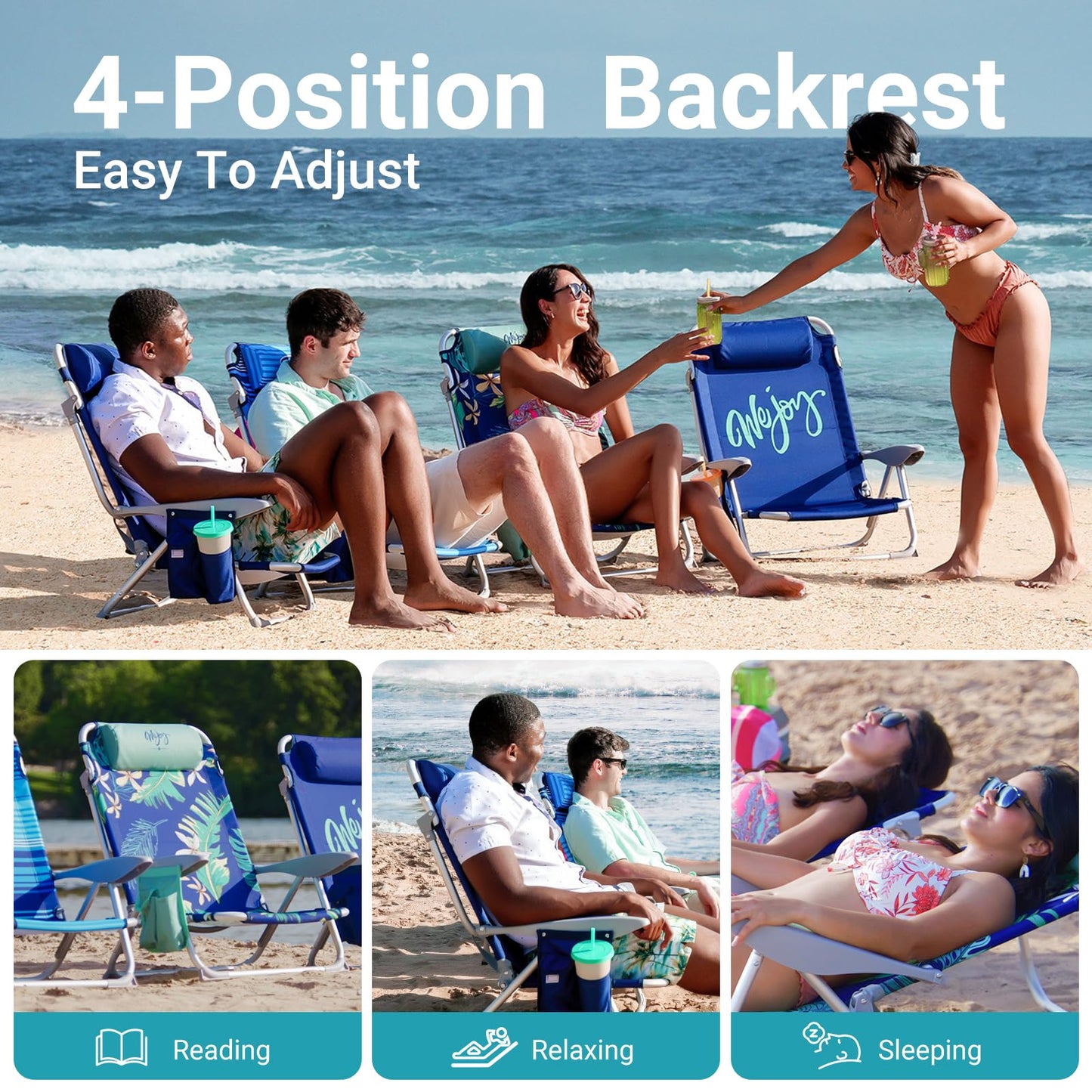 #WEJOY Beach Chair for Adults, Reclining Adjustable Position, Lay Flat Lightweight Folding Portable Aluminum Chair with Backpack Straps,Padded headrest, Heavy Duty 400 lbs Lawn Chair for Beach, Sand