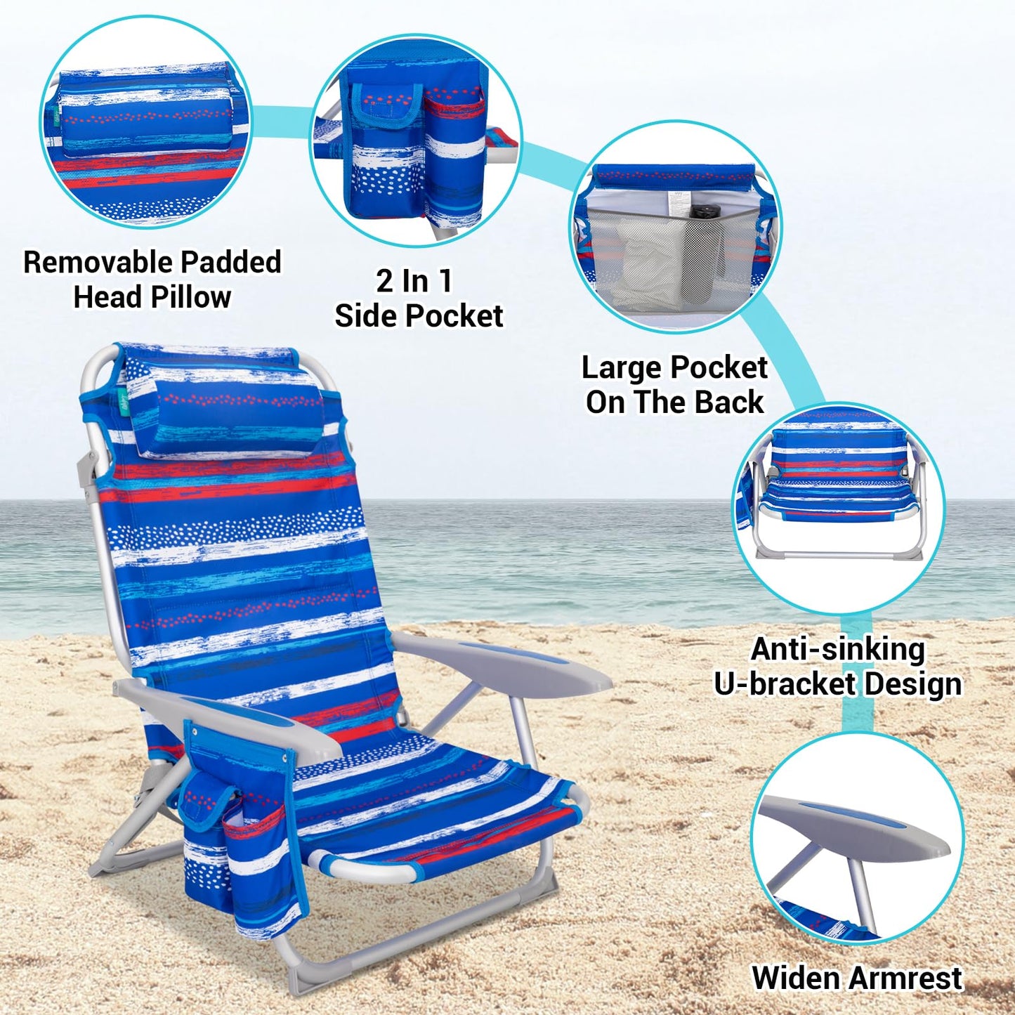 #WEJOY Beach Chair for Adults, Reclining Adjustable Position, Lay Flat Lightweight Folding Portable Aluminum Chair with Backpack Straps,Padded headrest, Heavy Duty 400 lbs Lawn Chair for Beach, Sand