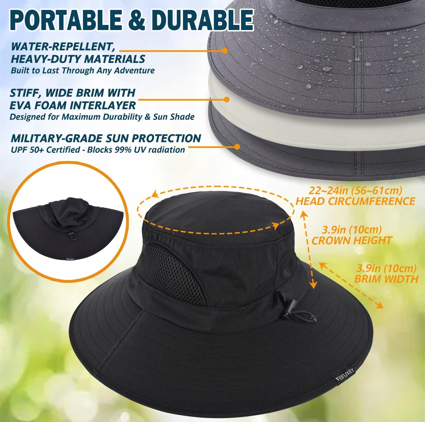 Wide-Brim Sun Hat — UPF 50+, Packable, Waterproof (EINSKEY)