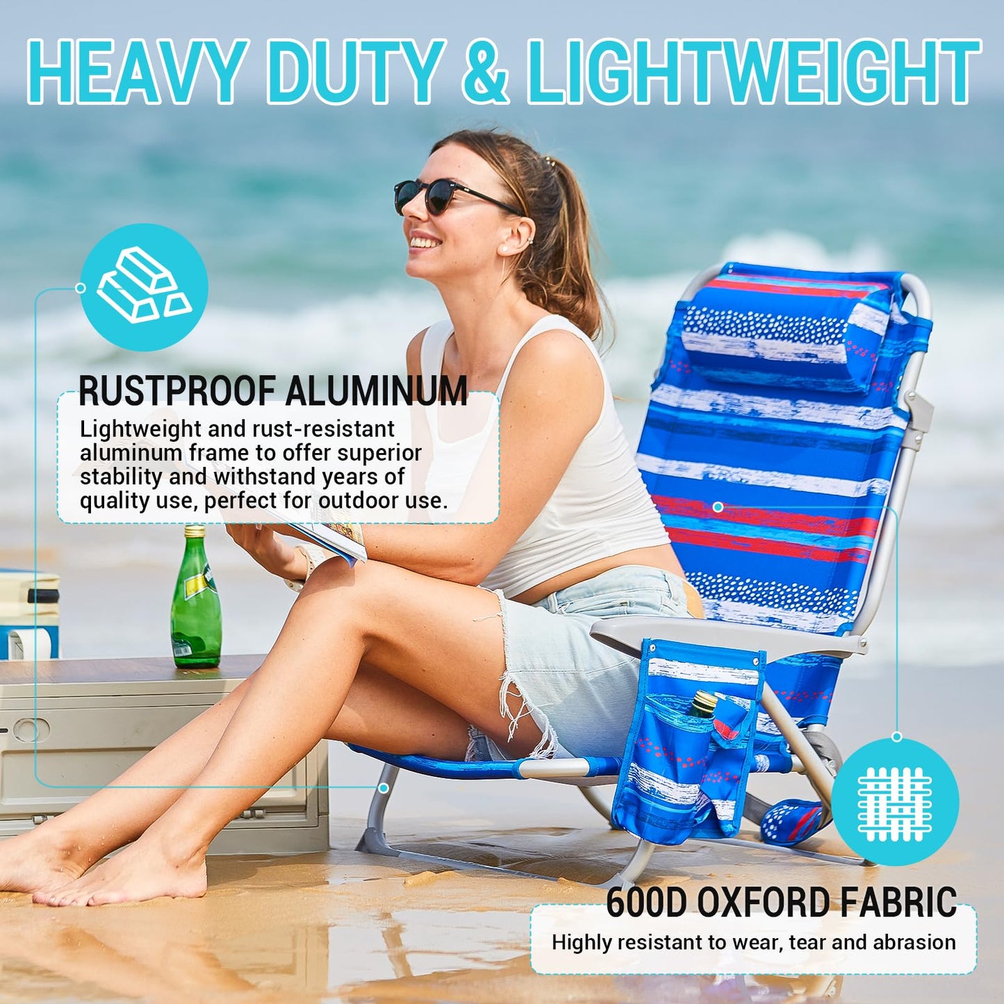 #WEJOY Beach Chair for Adults, Reclining Adjustable Position, Lay Flat Lightweight Folding Portable Aluminum Chair with Backpack Straps,Padded headrest, Heavy Duty 400 lbs Lawn Chair for Beach, Sand