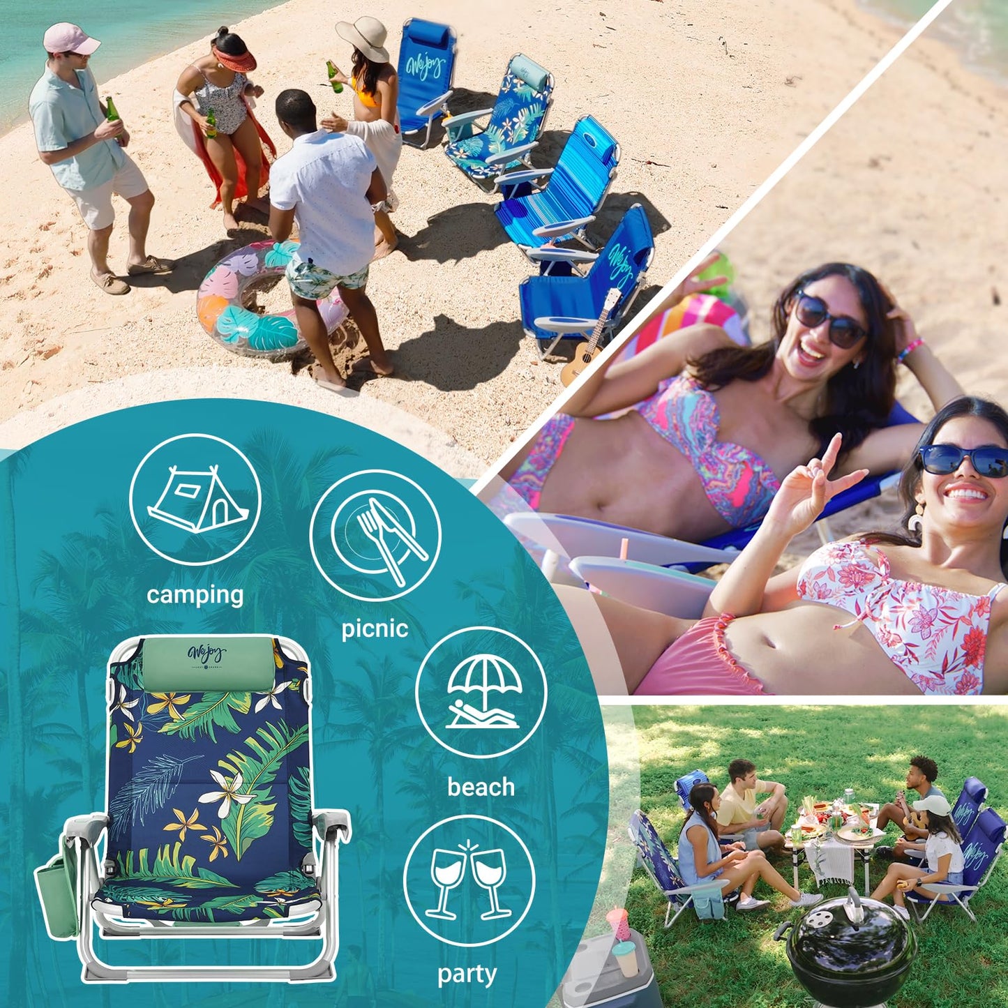 #WEJOY Beach Chair for Adults, Reclining Adjustable Position, Lay Flat Lightweight Folding Portable Aluminum Chair with Backpack Straps,Padded headrest, Heavy Duty 400 lbs Lawn Chair for Beach, Sand