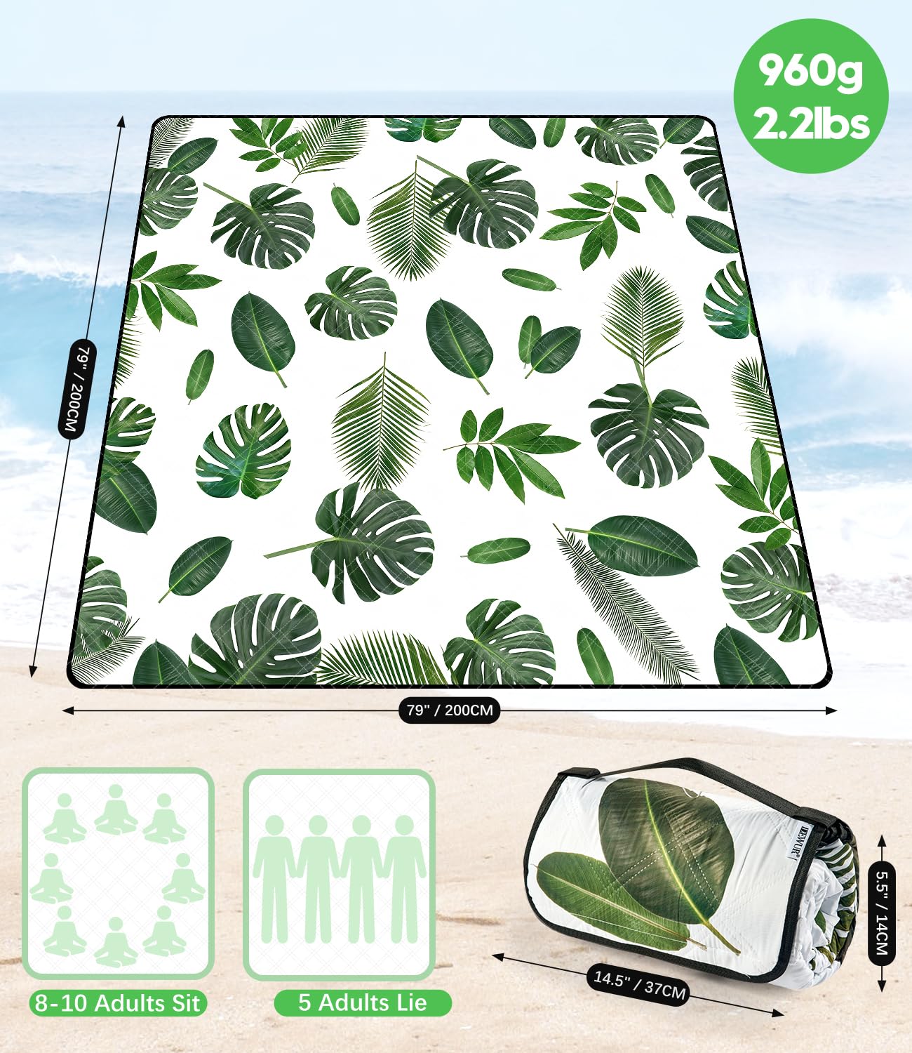 Picnic Blankets 79"x79" Extra Large Outdoor Blanket Beach Blanket Waterproof SandProof Picnic Mat Washable Foldable Portable for Grass Lawn Beach Camping (White with Flowers)