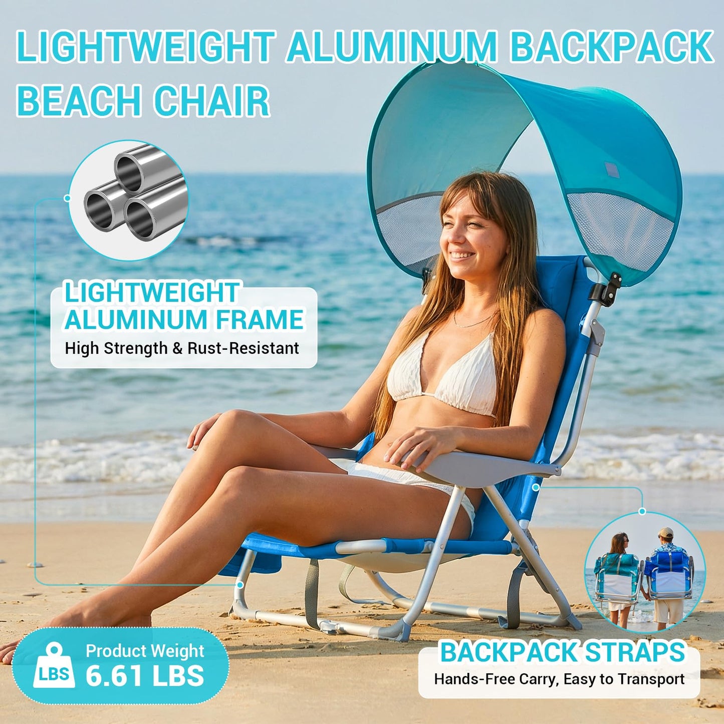 #WEJOY Beach Chair for Adults, Reclining Adjustable Position, Lay Flat Lightweight Folding Portable Aluminum Chair with Backpack Straps,Padded headrest, Heavy Duty 400 lbs Lawn Chair for Beach, Sand