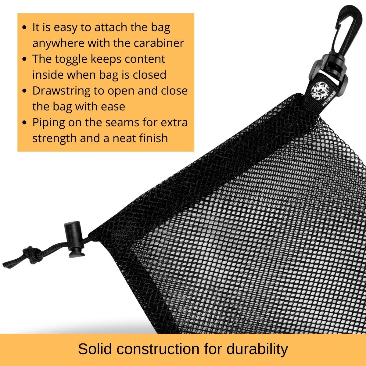 PALTERWEAR Small Mesh Drawstring Bag With Clip and Toggle Closure (Set of 4, Black, 6 x 8 inch) for Watersports, Outdoor, Gym