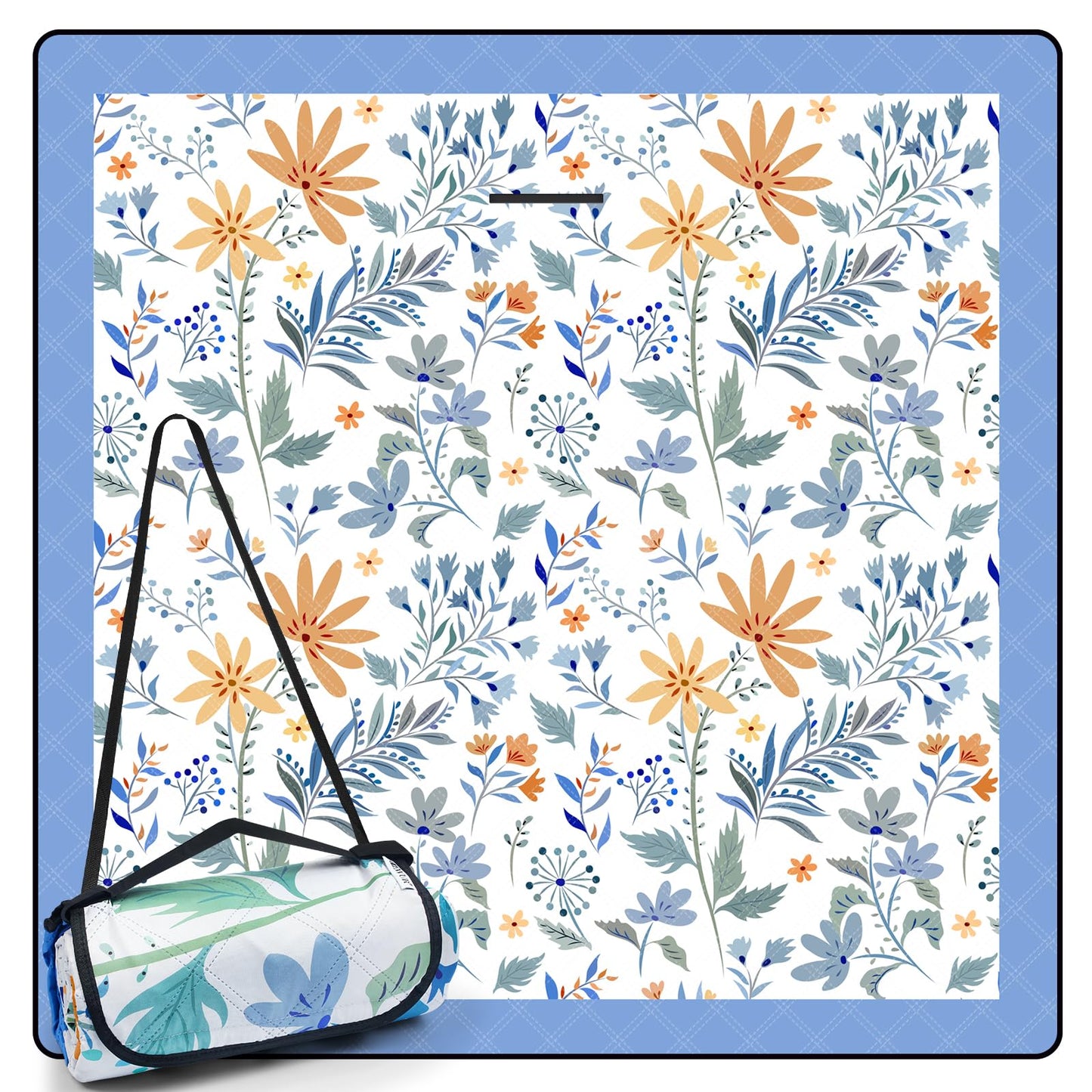 Picnic Blankets 79"x79" Extra Large Outdoor Blanket Beach Blanket Waterproof SandProof Picnic Mat Washable Foldable Portable for Grass Lawn Beach Camping (White with Flowers)