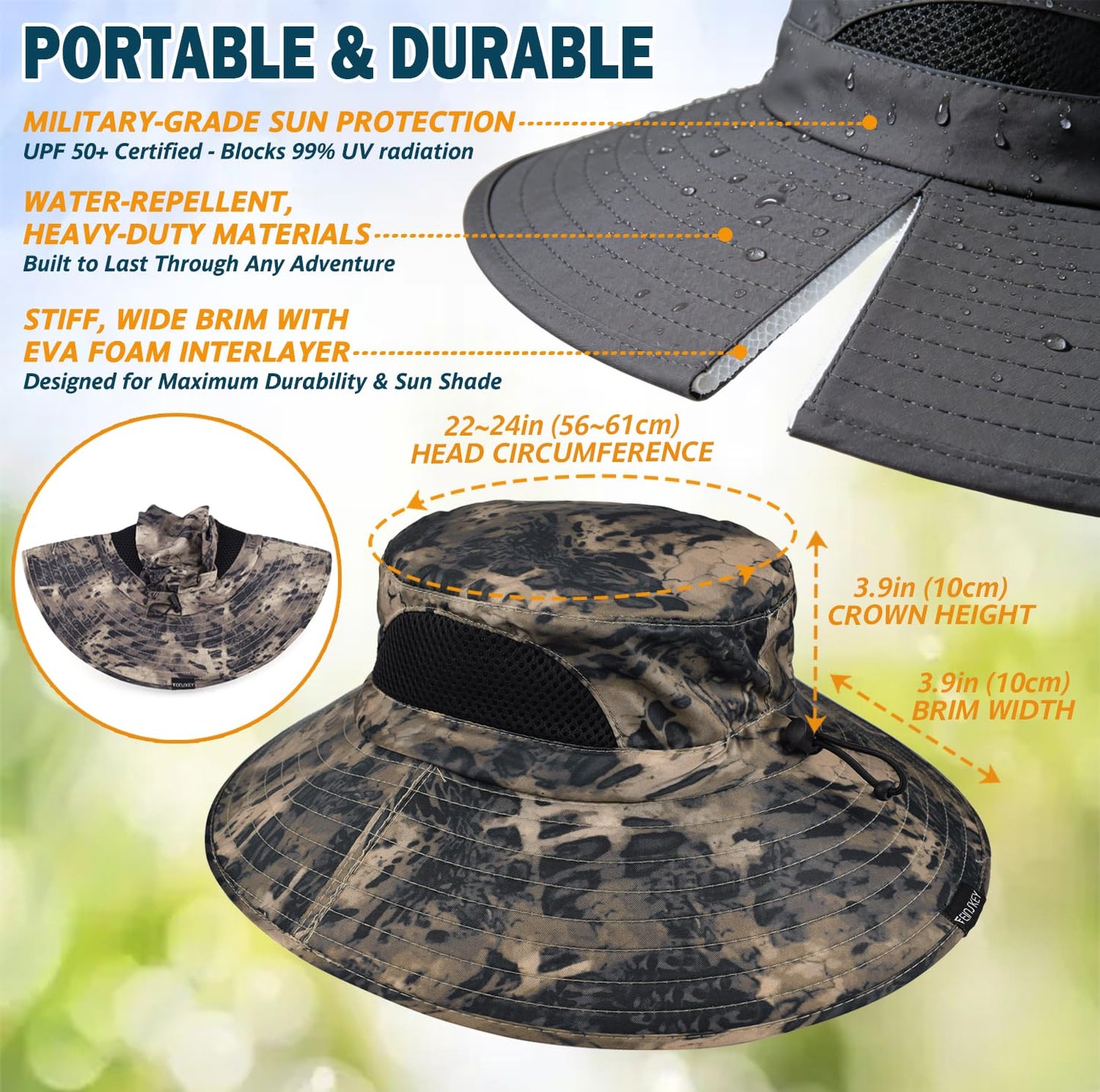 EINSKEY Wide Brim Sun Hat, UPF 50+ UV Protection Waterproof Packable Bucket Hat for Men & Women, Fishing Hiking Beach Garden