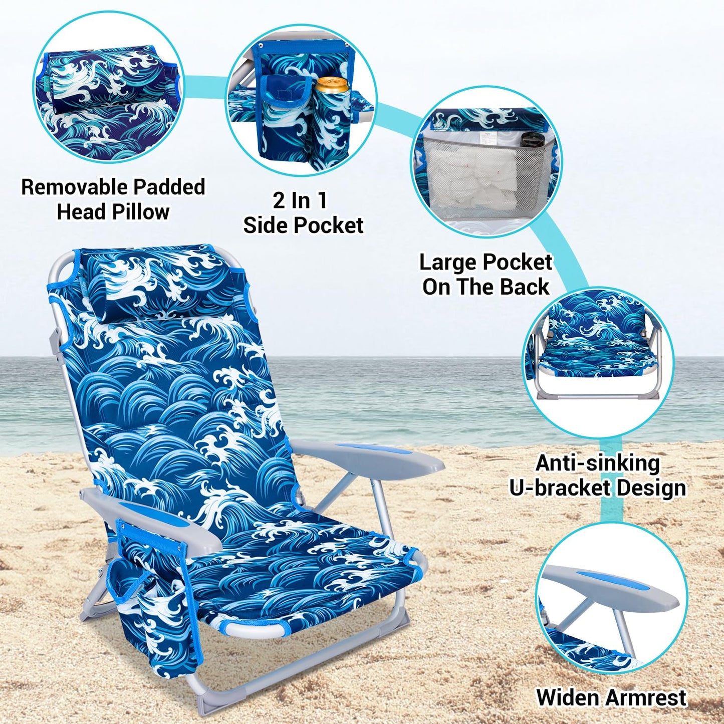 #WEJOY Beach Chair for Adults, Reclining Adjustable Position, Lay Flat Lightweight Folding Portable Aluminum Chair with Backpack Straps,Padded headrest, Heavy Duty 400 lbs Lawn Chair for Beach, Sand