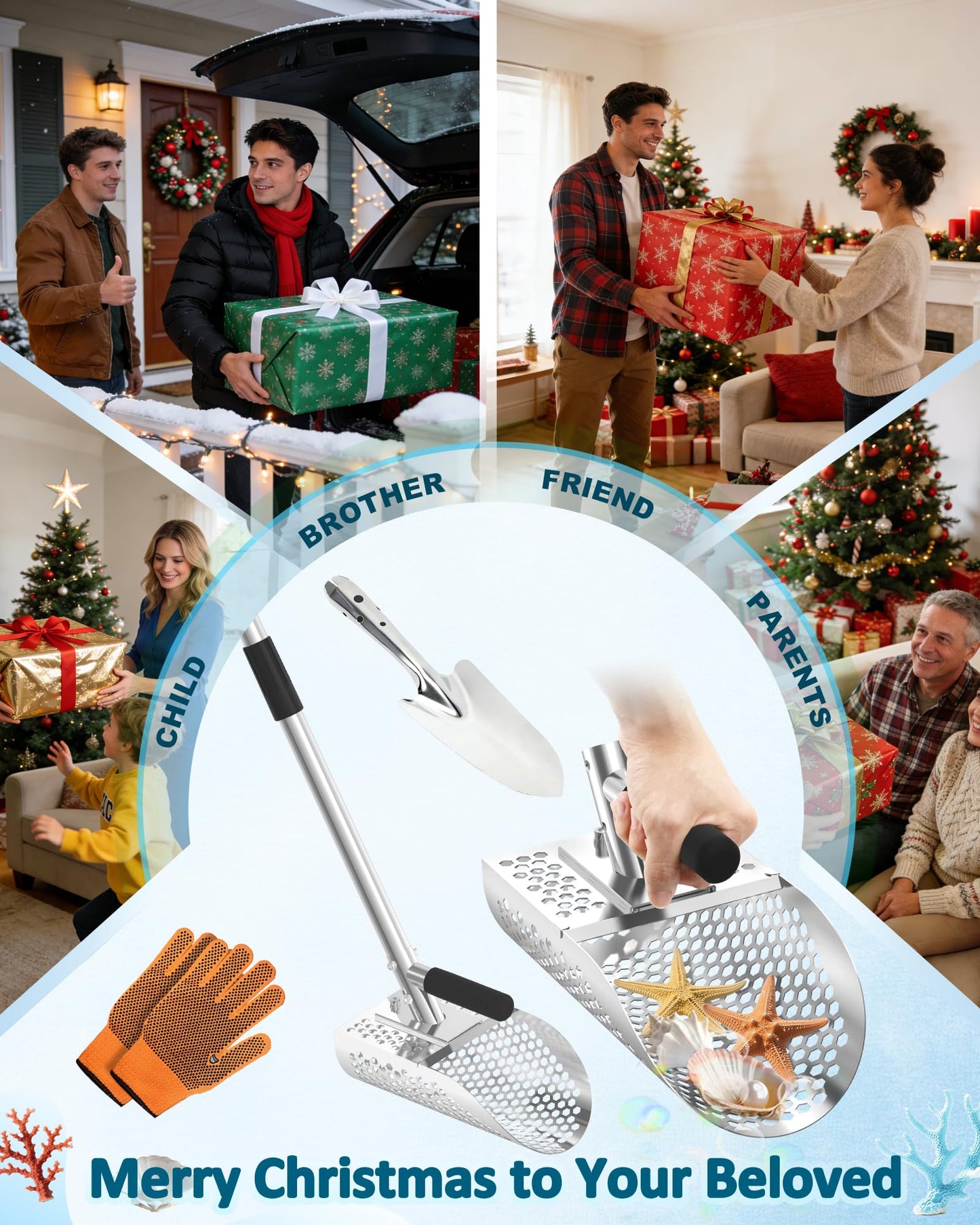Sand Scoop for Metal Detecting, Metal Detector Sand Shovel Accessories for Beach, Stainless Steel Sand Sifter Digging Tool, Long Handle Fast Sand Sifting Flea Rake for Underwater Treasure Hunting