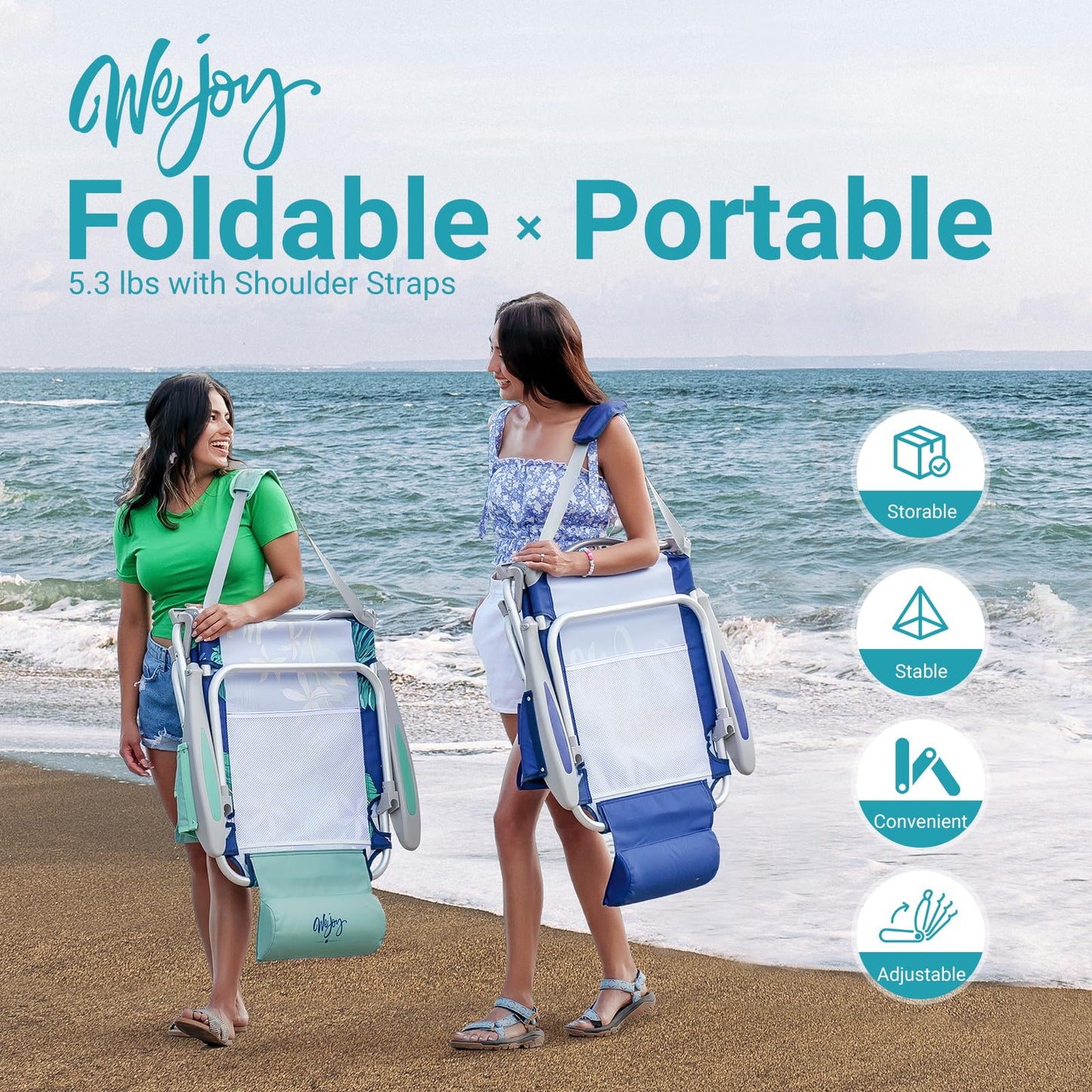 #WEJOY Beach Chair for Adults, Reclining Adjustable Position, Lay Flat Lightweight Folding Portable Aluminum Chair with Backpack Straps,Padded headrest, Heavy Duty 400 lbs Lawn Chair for Beach, Sand