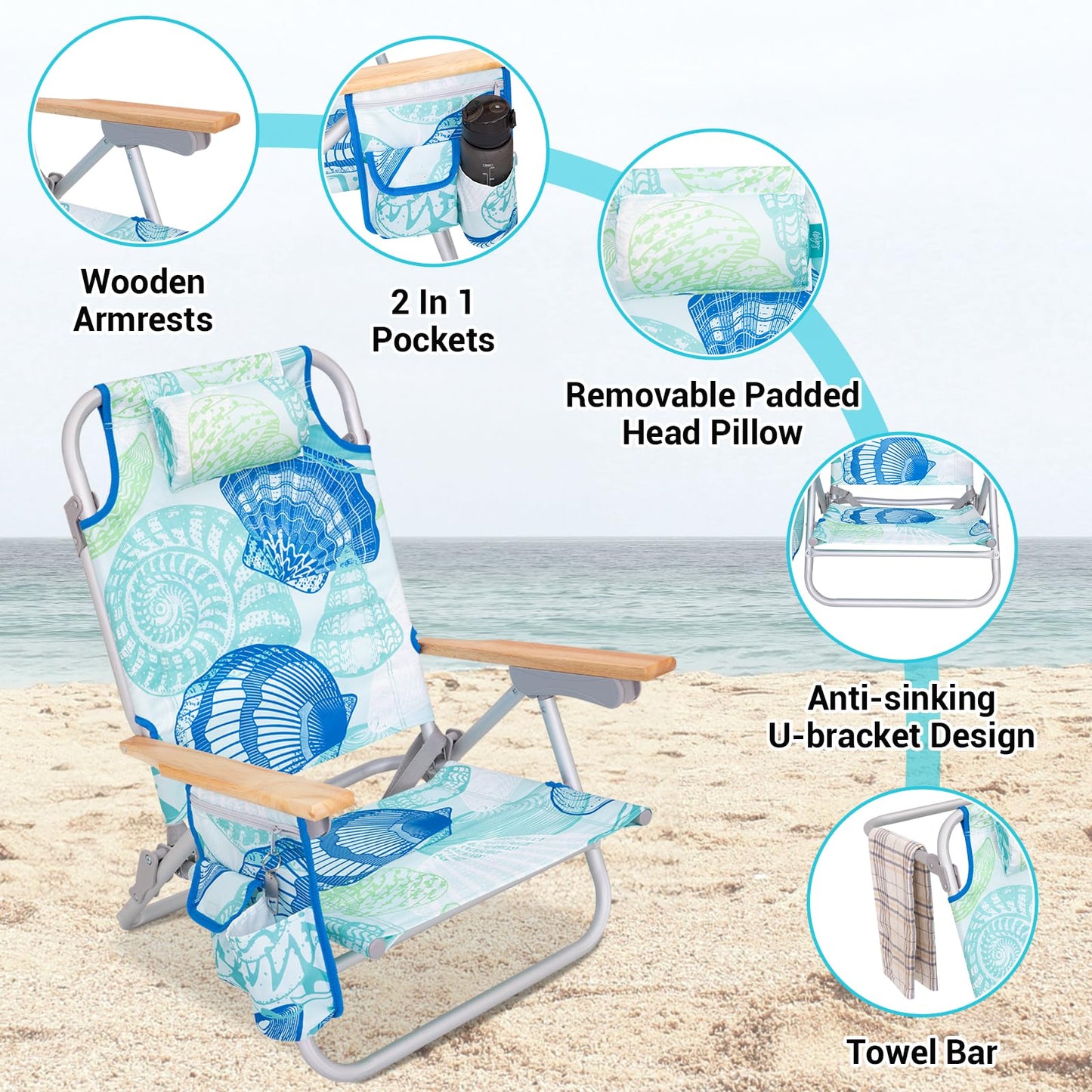 #WEJOY Beach Chair for Adults, Reclining Adjustable Position, Lay Flat Lightweight Folding Portable Aluminum Chair with Backpack Straps,Padded headrest, Heavy Duty 400 lbs Lawn Chair for Beach, Sand