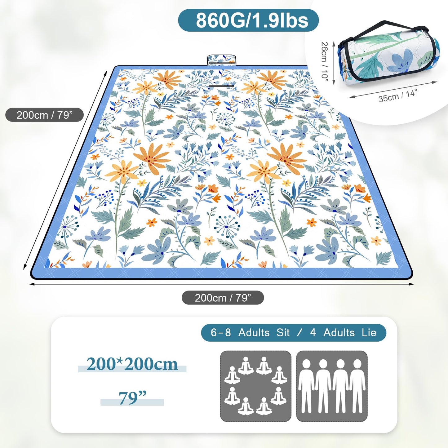 Picnic Blankets 79"x79" Extra Large Outdoor Blanket Beach Blanket Waterproof SandProof Picnic Mat Washable Foldable Portable for Grass Lawn Beach Camping (White with Flowers)