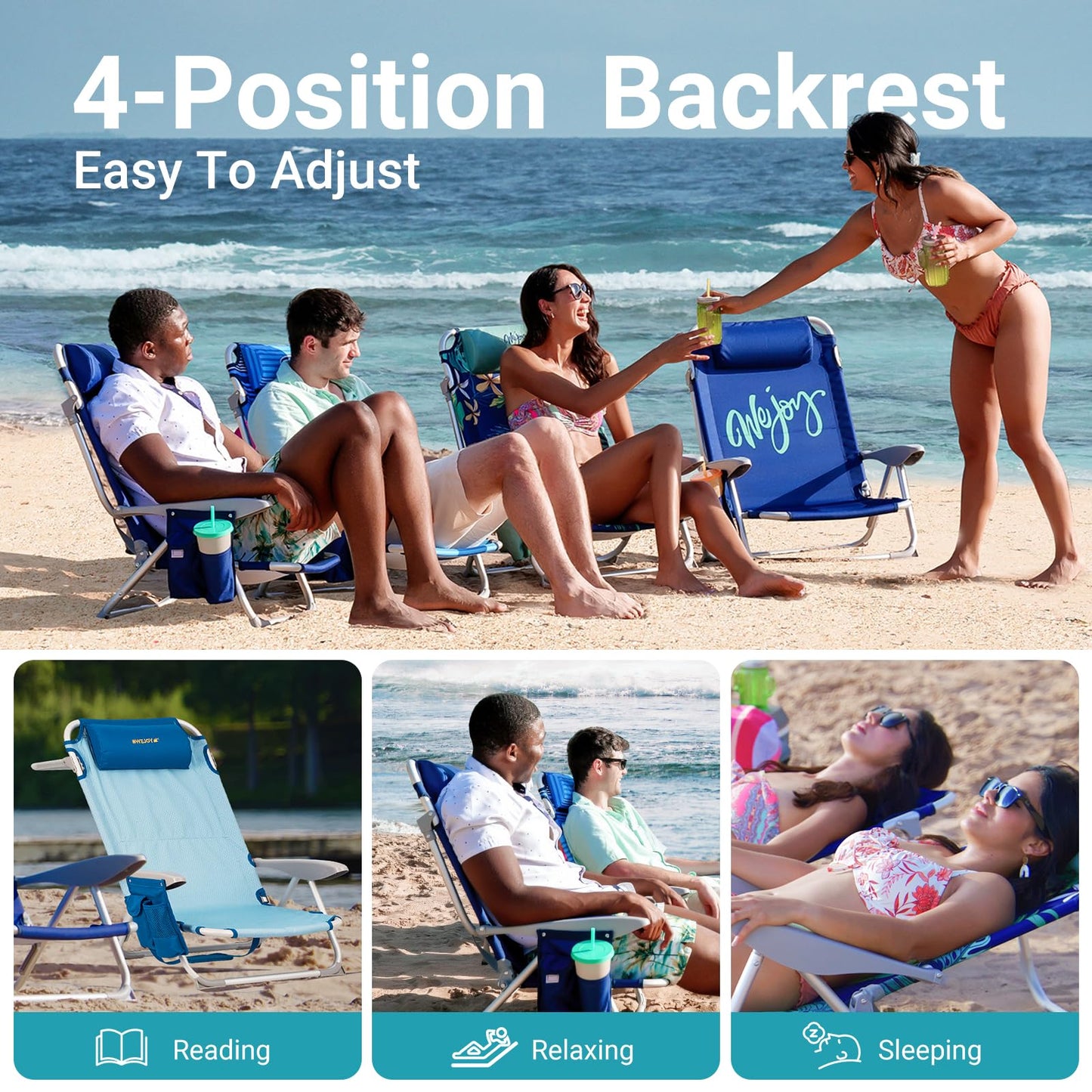 #WEJOY Beach Chair for Adults, Reclining Adjustable Position, Lay Flat Lightweight Folding Portable Aluminum Chair with Backpack Straps,Padded headrest, Heavy Duty 400 lbs Lawn Chair for Beach, Sand