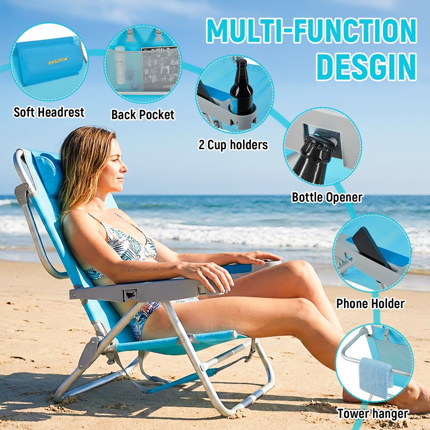 #WEJOY Beach Chair for Adults, Reclining Adjustable Position, Lay Flat Lightweight Folding Portable Aluminum Chair with Backpack Straps,Padded headrest, Heavy Duty 400 lbs Lawn Chair for Beach, Sand