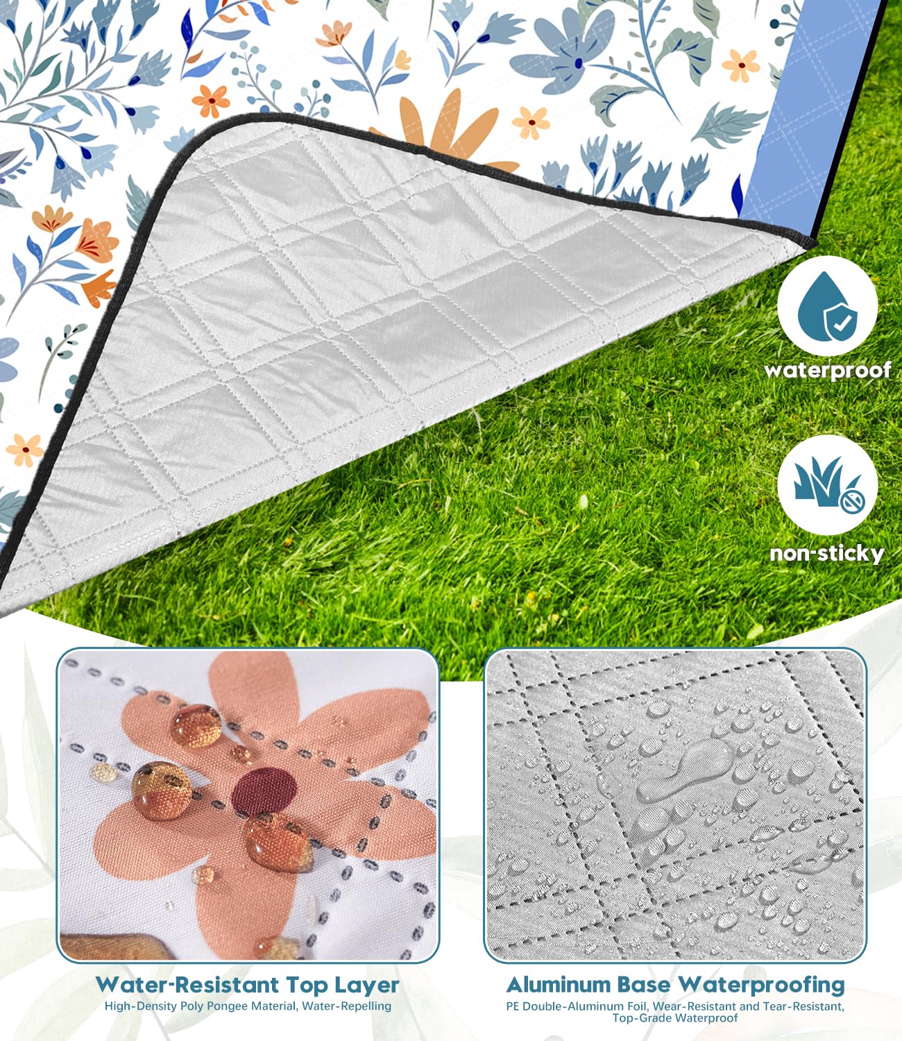 Picnic Blankets 79"x79" Extra Large Outdoor Blanket Beach Blanket Waterproof SandProof Picnic Mat Washable Foldable Portable for Grass Lawn Beach Camping (White with Flowers)