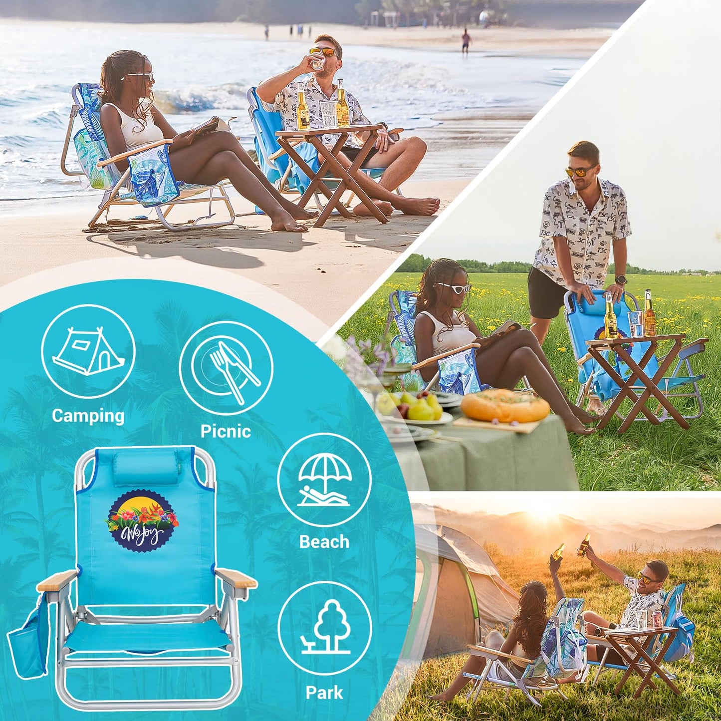 #WEJOY Beach Chair for Adults, Reclining Adjustable Position, Lay Flat Lightweight Folding Portable Aluminum Chair with Backpack Straps,Padded headrest, Heavy Duty 400 lbs Lawn Chair for Beach, Sand