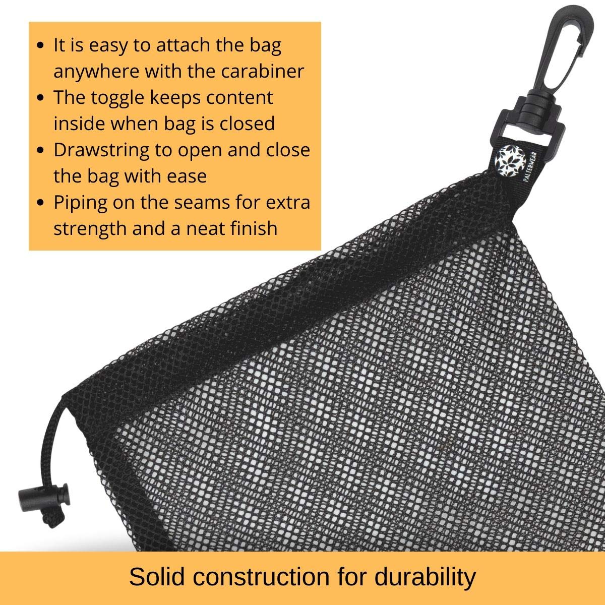 PALTERWEAR Small Mesh Drawstring Bag With Clip and Toggle Closure (Set of 4, Black, 6 x 8 inch) for Watersports, Outdoor, Gym