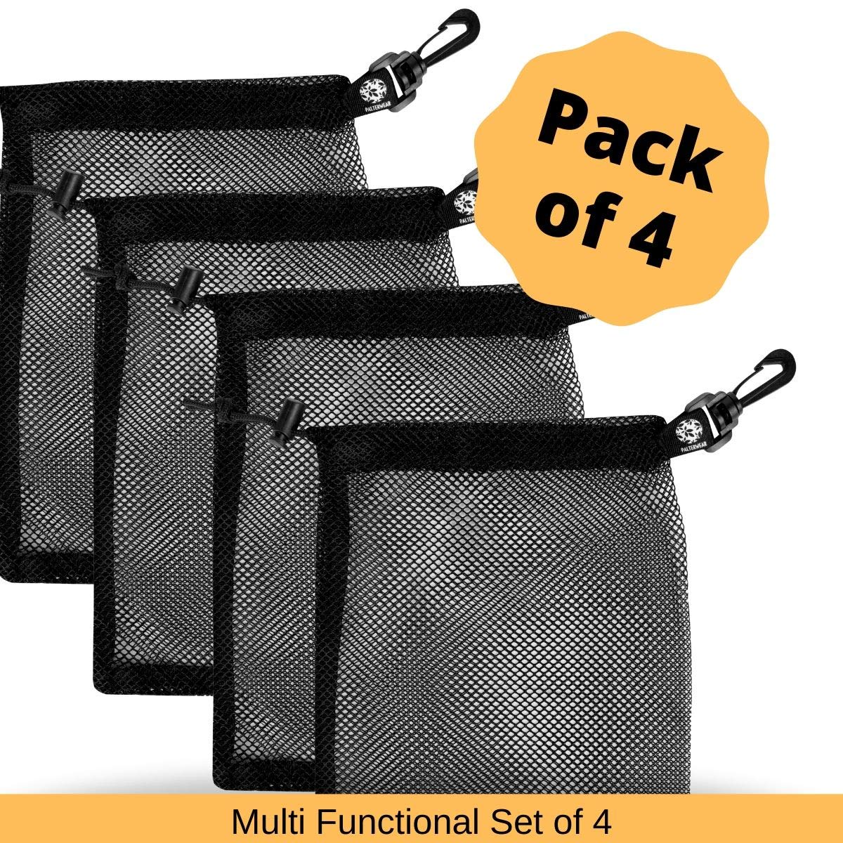 PALTERWEAR Small Mesh Drawstring Bag With Clip and Toggle Closure (Set of 4, Black, 6 x 8 inch) for Watersports, Outdoor, Gym