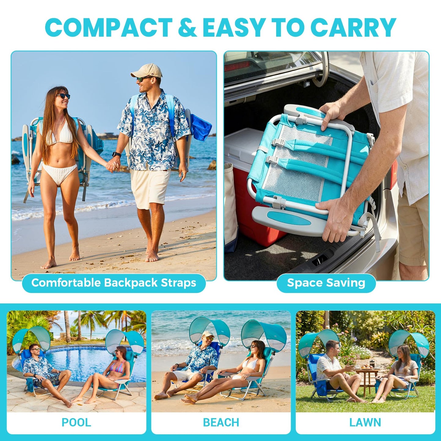 #WEJOY Beach Chair for Adults, Reclining Adjustable Position, Lay Flat Lightweight Folding Portable Aluminum Chair with Backpack Straps,Padded headrest, Heavy Duty 400 lbs Lawn Chair for Beach, Sand