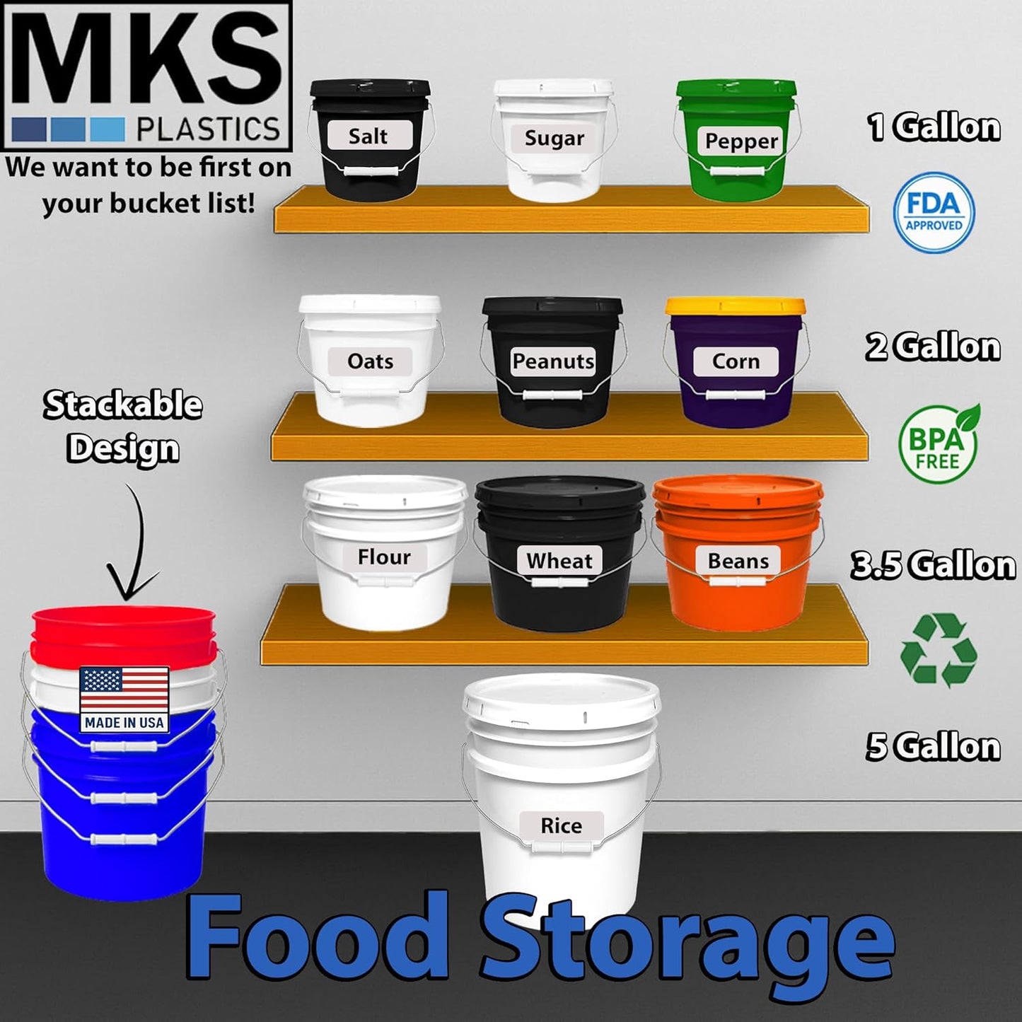 2-Gallon Bucket with Airtight Lid – Made in USA, Food Grade BPA Free Plastic, Heavy Duty Multi-Use, Metal Handle with Grip, Stackable Storage – White, 1 Pack