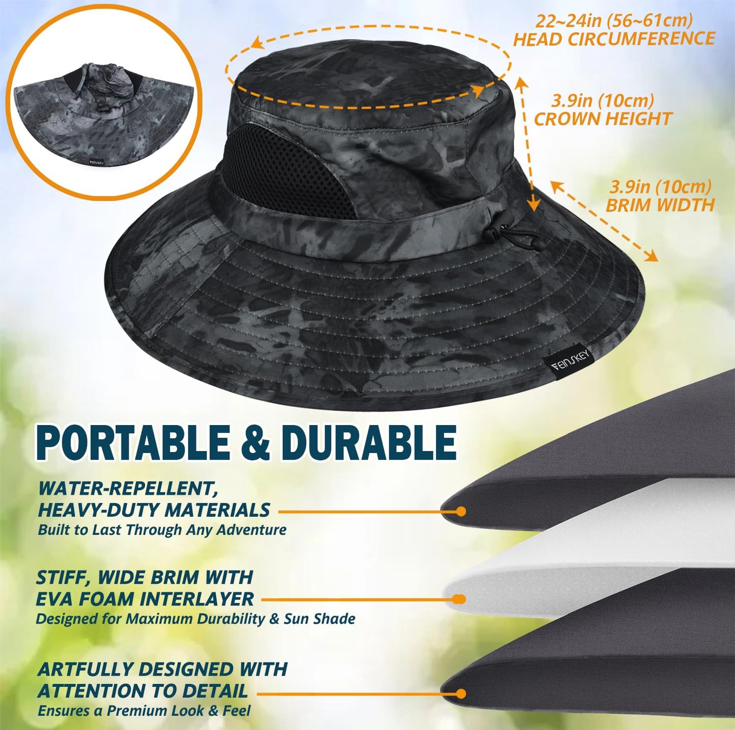 Wide-Brim Sun Hat — UPF 50+, Packable, Waterproof (EINSKEY)