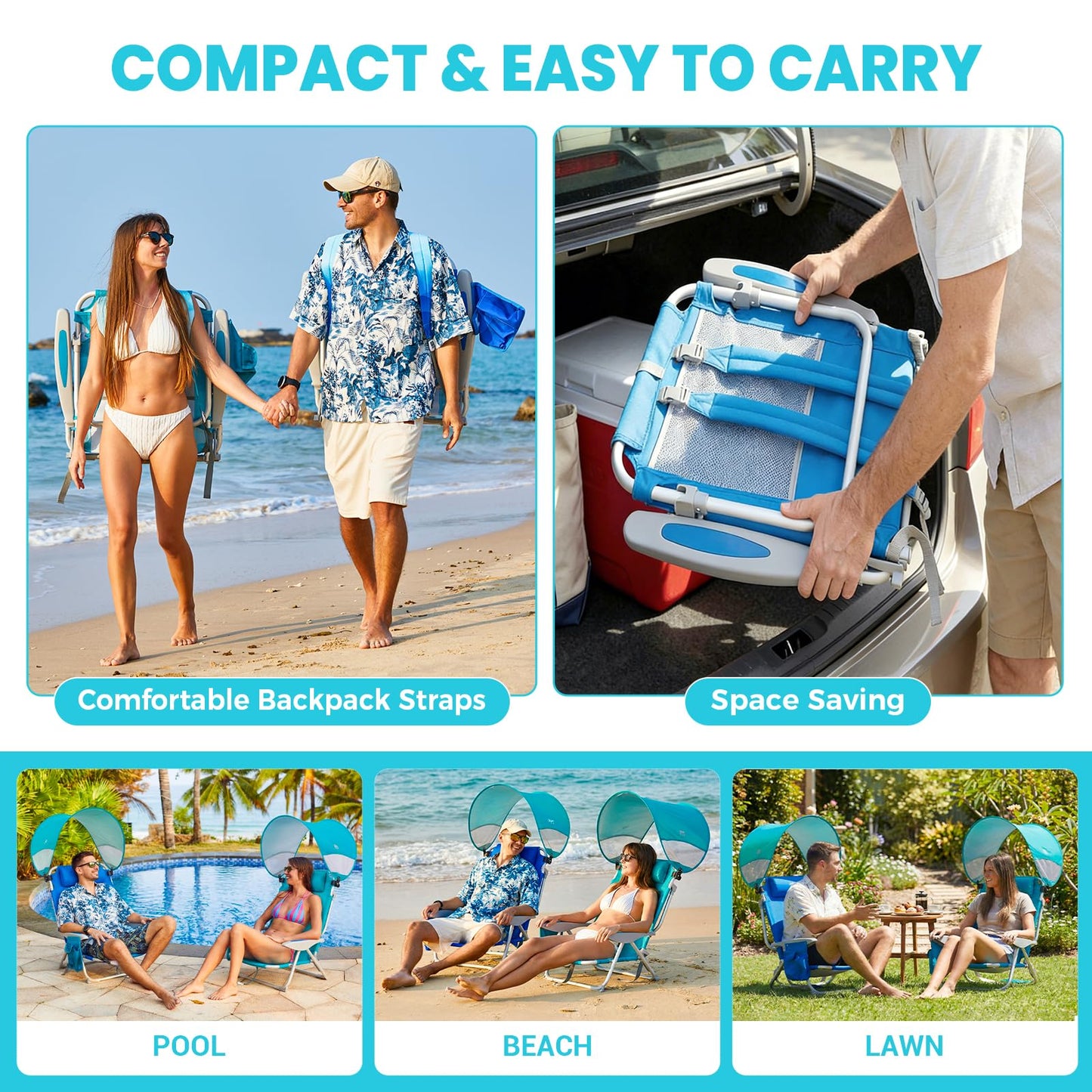 #WEJOY Beach Chair for Adults, Reclining Adjustable Position, Lay Flat Lightweight Folding Portable Aluminum Chair with Backpack Straps,Padded headrest, Heavy Duty 400 lbs Lawn Chair for Beach, Sand
