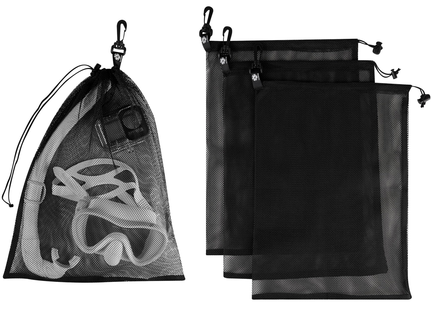 PALTERWEAR Small Mesh Drawstring Bag With Clip and Toggle Closure (Set of 4, Black, 6 x 8 inch) for Watersports, Outdoor, Gym