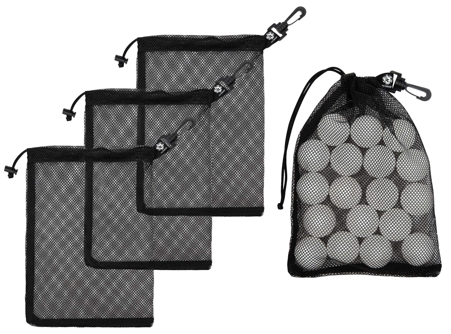 PALTERWEAR Small Mesh Drawstring Bag With Clip and Toggle Closure (Set of 4, Black, 6 x 8 inch) for Watersports, Outdoor, Gym