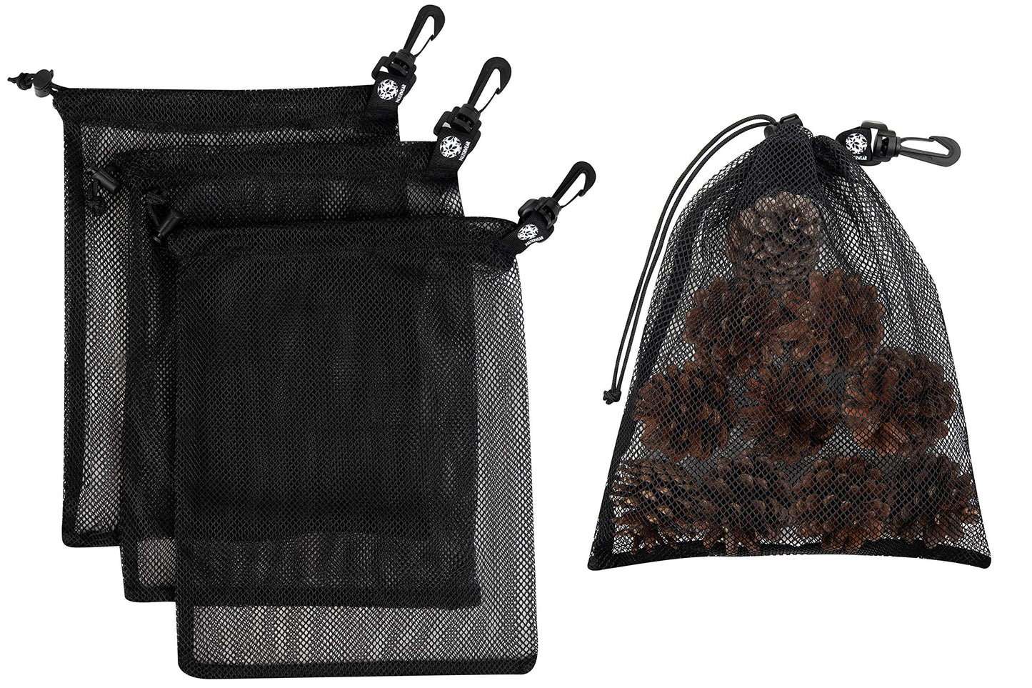 PALTERWEAR Small Mesh Drawstring Bag With Clip and Toggle Closure (Set of 4, Black, 6 x 8 inch) for Watersports, Outdoor, Gym