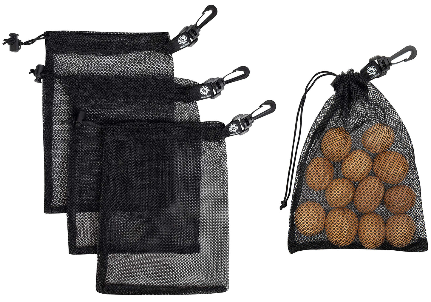 PALTERWEAR Small Mesh Drawstring Bag With Clip and Toggle Closure (Set of 4, Black, 6 x 8 inch) for Watersports, Outdoor, Gym