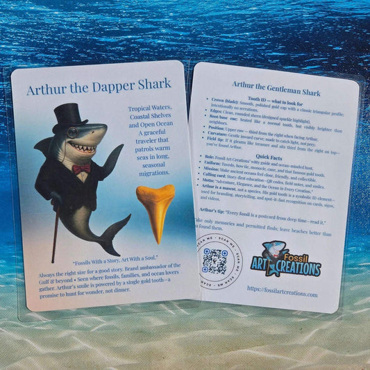 Card featuring a cartoon shark character with a top hat on a blue and green gradient background
