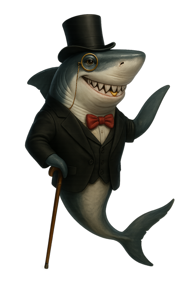 Shark character wearing a top hat, suit, and bow tie on a white background