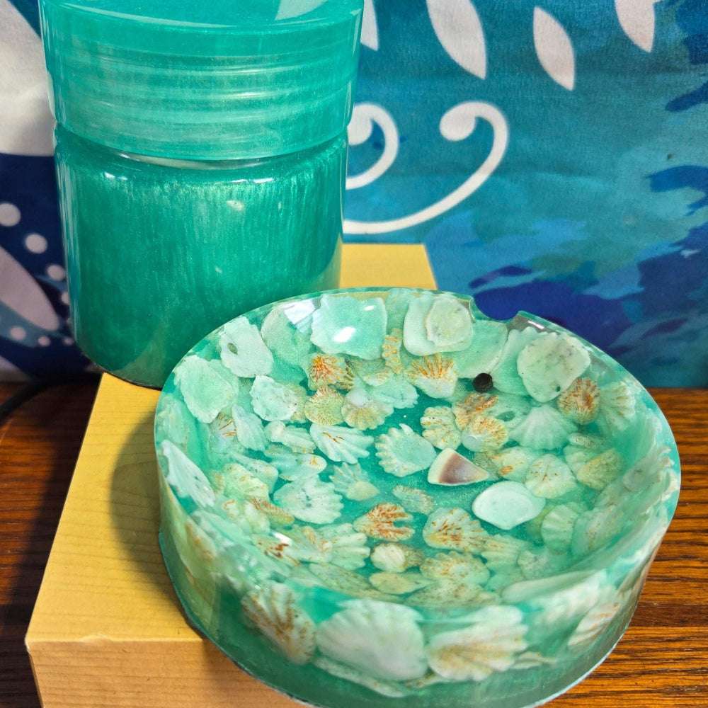 Mint Green Jar and Ashtray/Trinket Tray Fossil Art Creations
