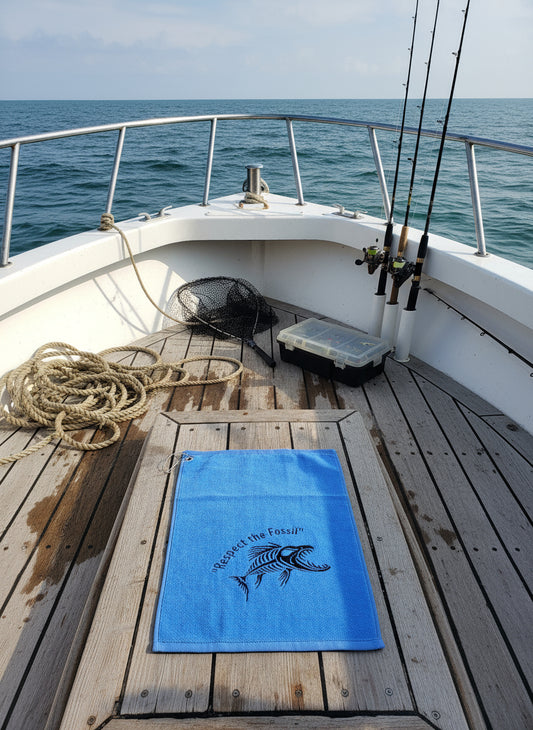 Blue towel with a fish skeleton design and text on a water-themed background