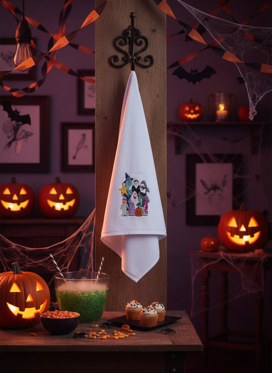 Embroidered design of Halloween-themed characters on a light blue fabric background
