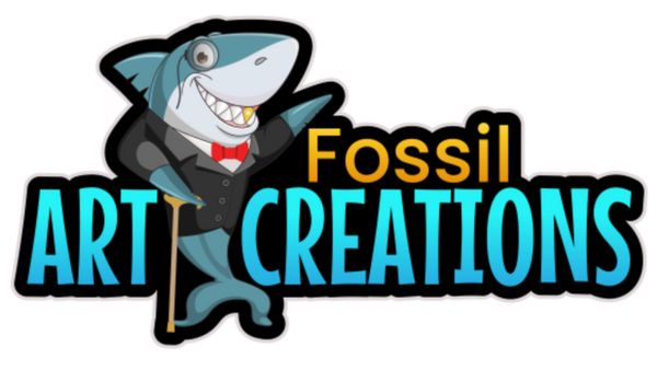 Logo of Fossil Art Creations with a stylized shark character on a white background