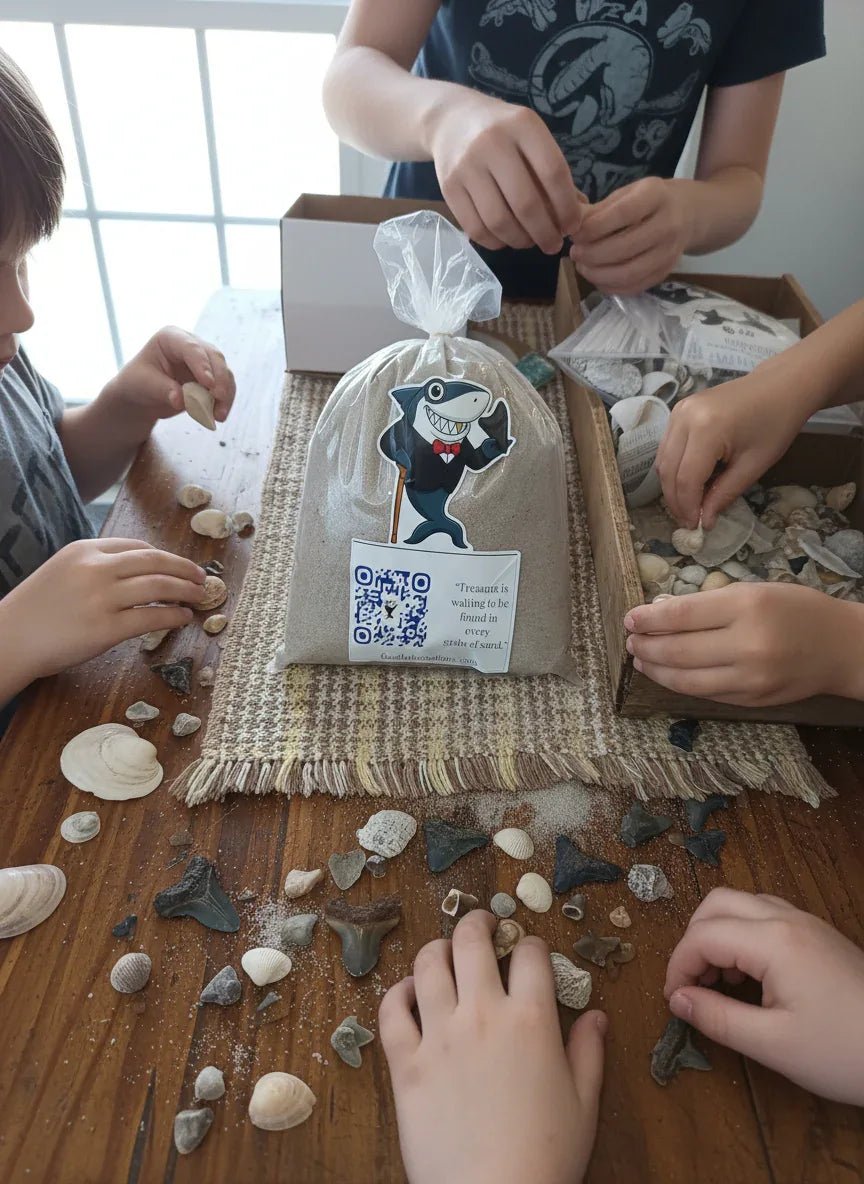 Packaged product with a shark design and QR code label on a textured surface