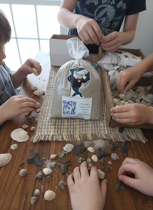 Packaged product with a shark design and QR code label on a textured surface