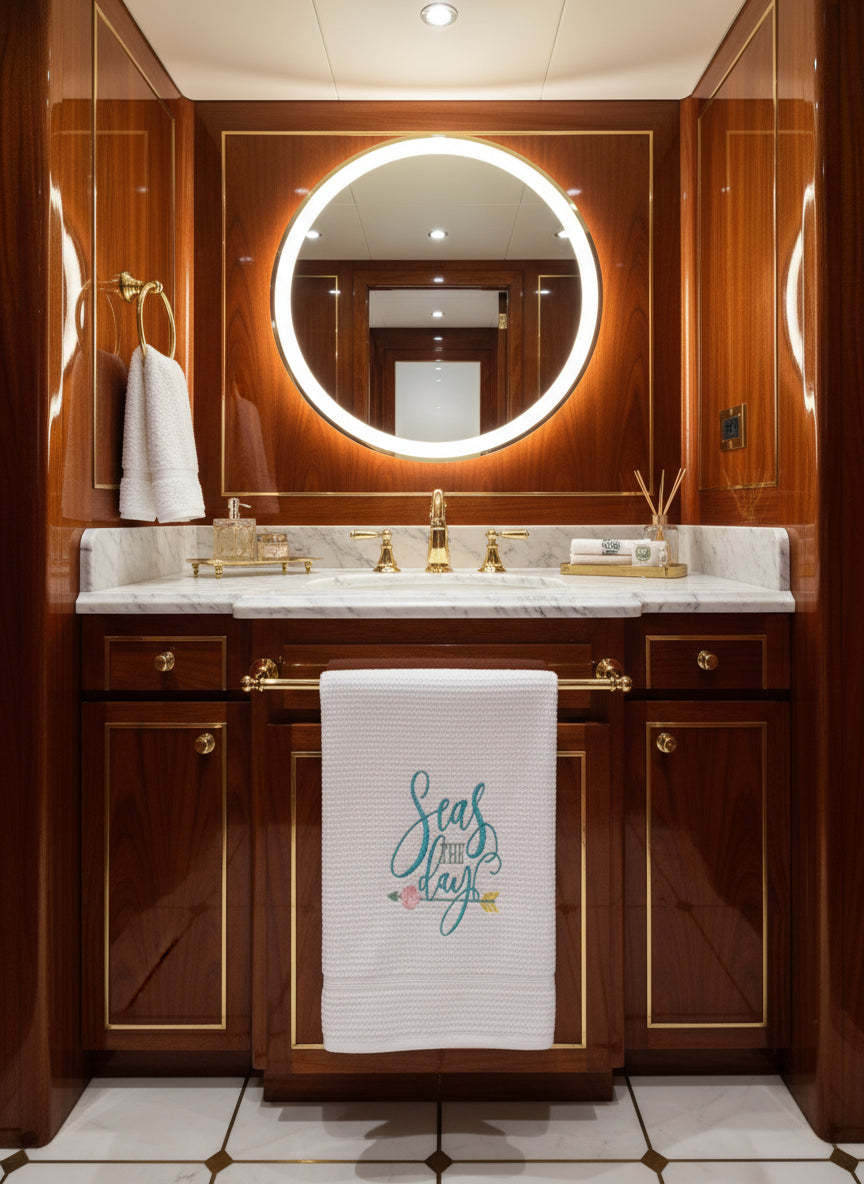Embroidered towel with 'Happy Day' text and floral design on a blue background