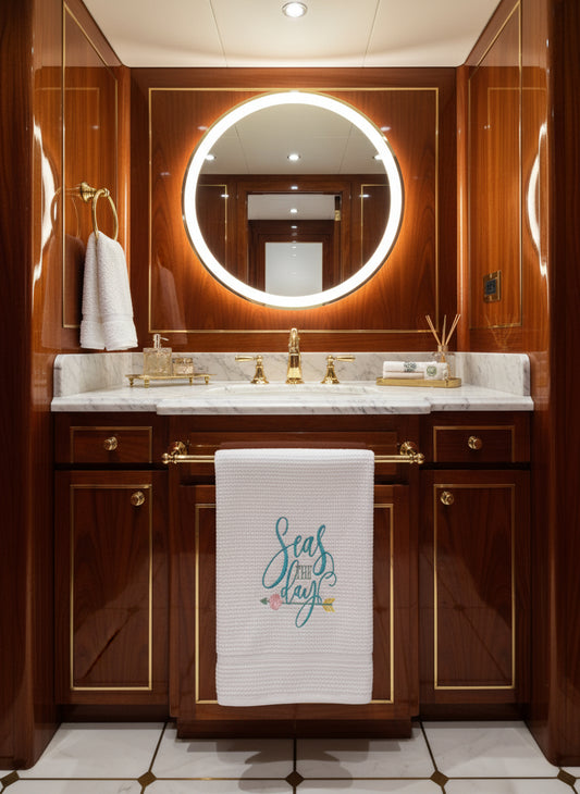 Embroidered towel with 'Happy Day' text and floral design on a blue background