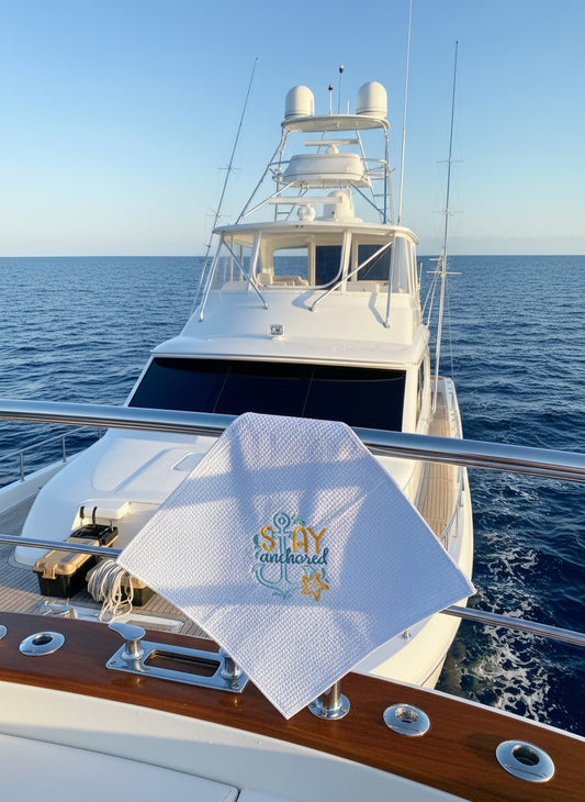 Light blue towel with embroidered text and starfish design on a textured surface.