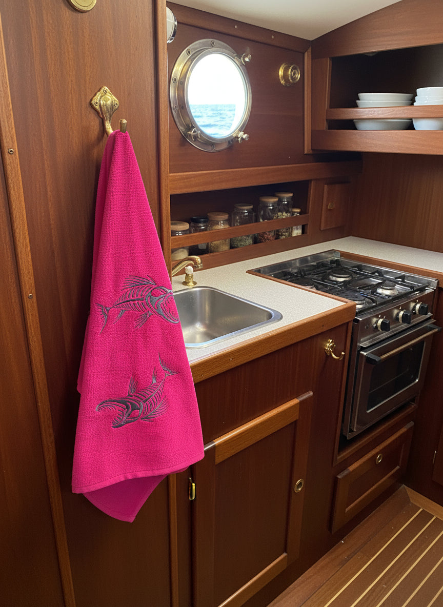 Pink fabric with black embroidered designs of fish skeletons