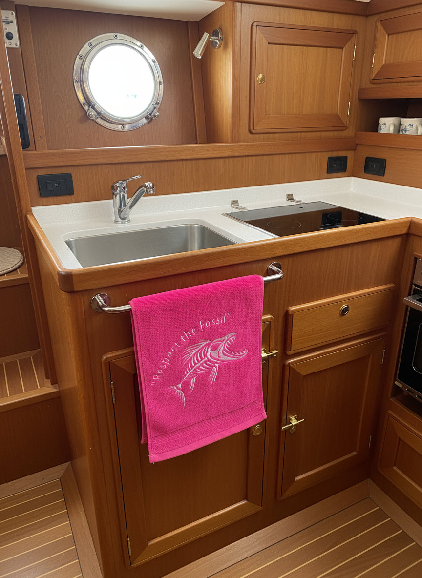 Pink fabric with white fossil design and text on a pink background