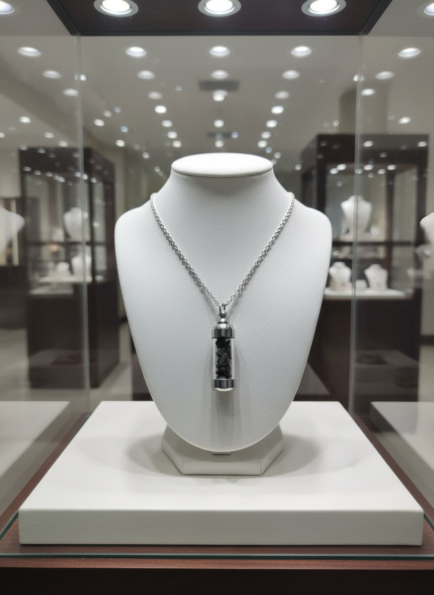 Silver necklace with a cylindrical pendant on a textured surface