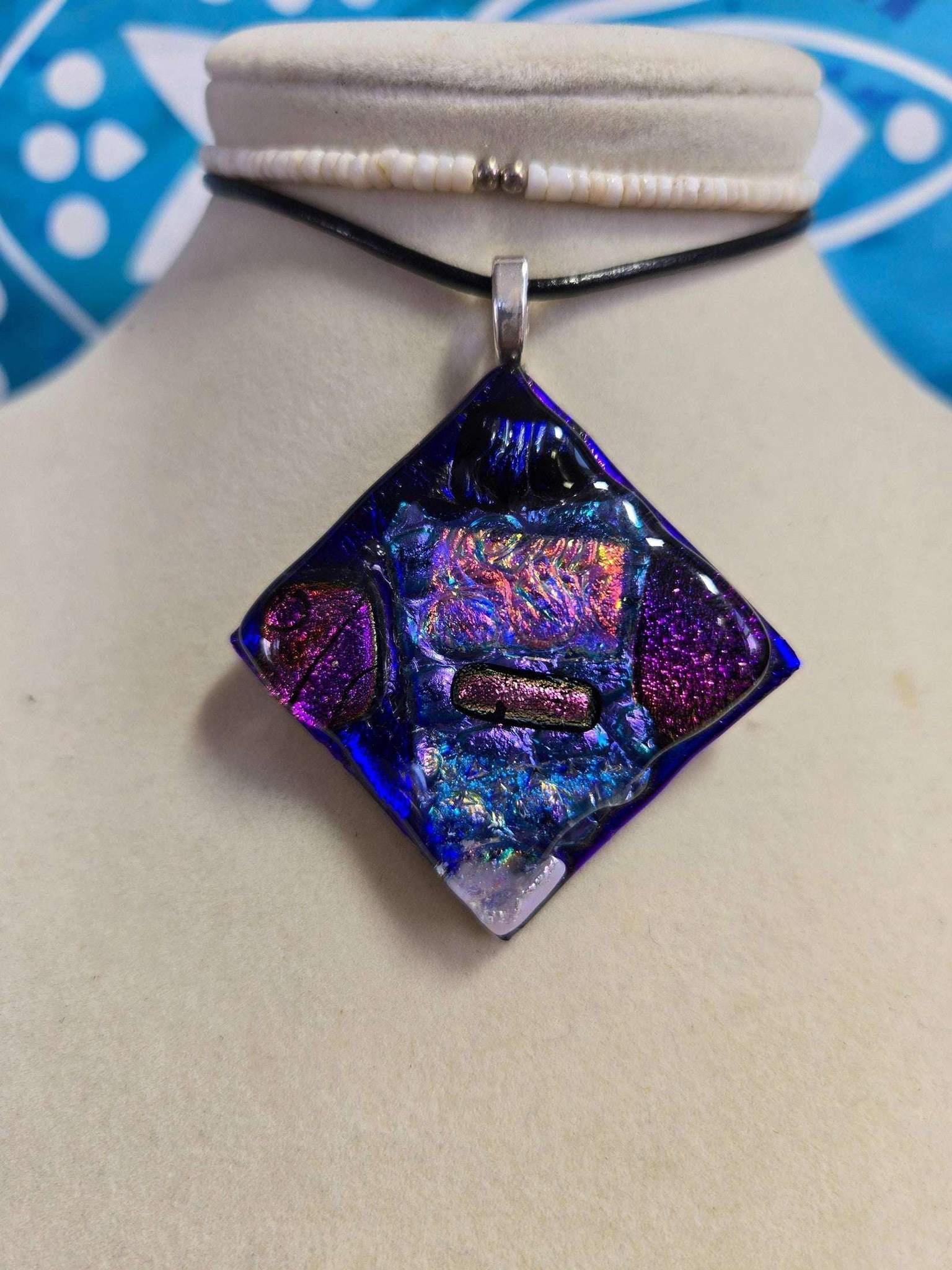 Tidal Dreamer Glass Pendant – ocean-swirl glass on leather cord – coastal necklace