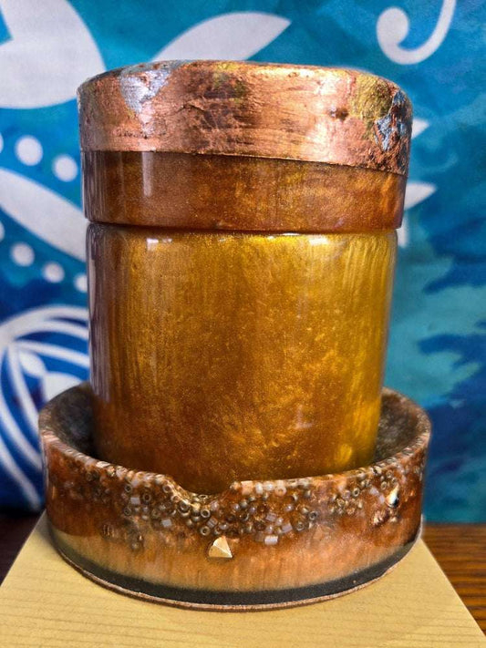Warm Ambiance Duo Set Tan Resin Ashtray / Trinket Tray and Jar Fossil Art Creations