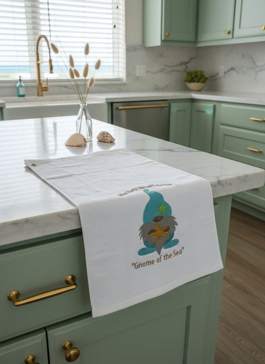 White towel with embroidered design and text on a blue surface