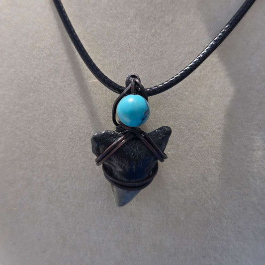Ocean Guardian Necklace – fossil shark tooth with turquoise – ocean-inspired pendant