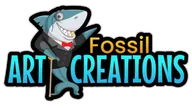 Logo of Fossil Art Creations with a shark character holding a sign.
